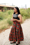 red and black leaf patterned wrap skirt