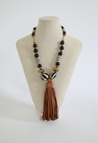 black and brown chunky necklace with large leather tassel